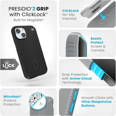 Speck iPhone 15 Case - ClickLock No-Slip Interlock, Built for MagSafe, Drop Protection Grip - for iPhone 15, iPhone 14, iPhone 13-6.1 Inch Phone Case - Presidio2 Grip Black/Slate Grey/White