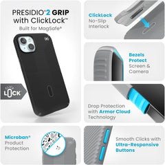 Speck iPhone 15 Plus Case - ClickLock No-Slip Interlock, Built for MagSafe, Drop Protection Grip - for iPhone 15 Plus & iPhone 14 Plus - 6.7 Inch Phone Case - Presidio2 Grip Black/Slate Grey/White
