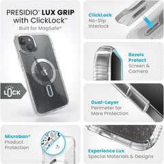 Speck iPhone 15 Plus Case - ClickLock No-Slip Interlock, Built for MagSafe, Drop Protection Grip - for iPhone 15 Plus, iPhone 14 Plus - 6.7 Inch Phone Case - Presidio Lux Grip Clear/Platinum Glitter