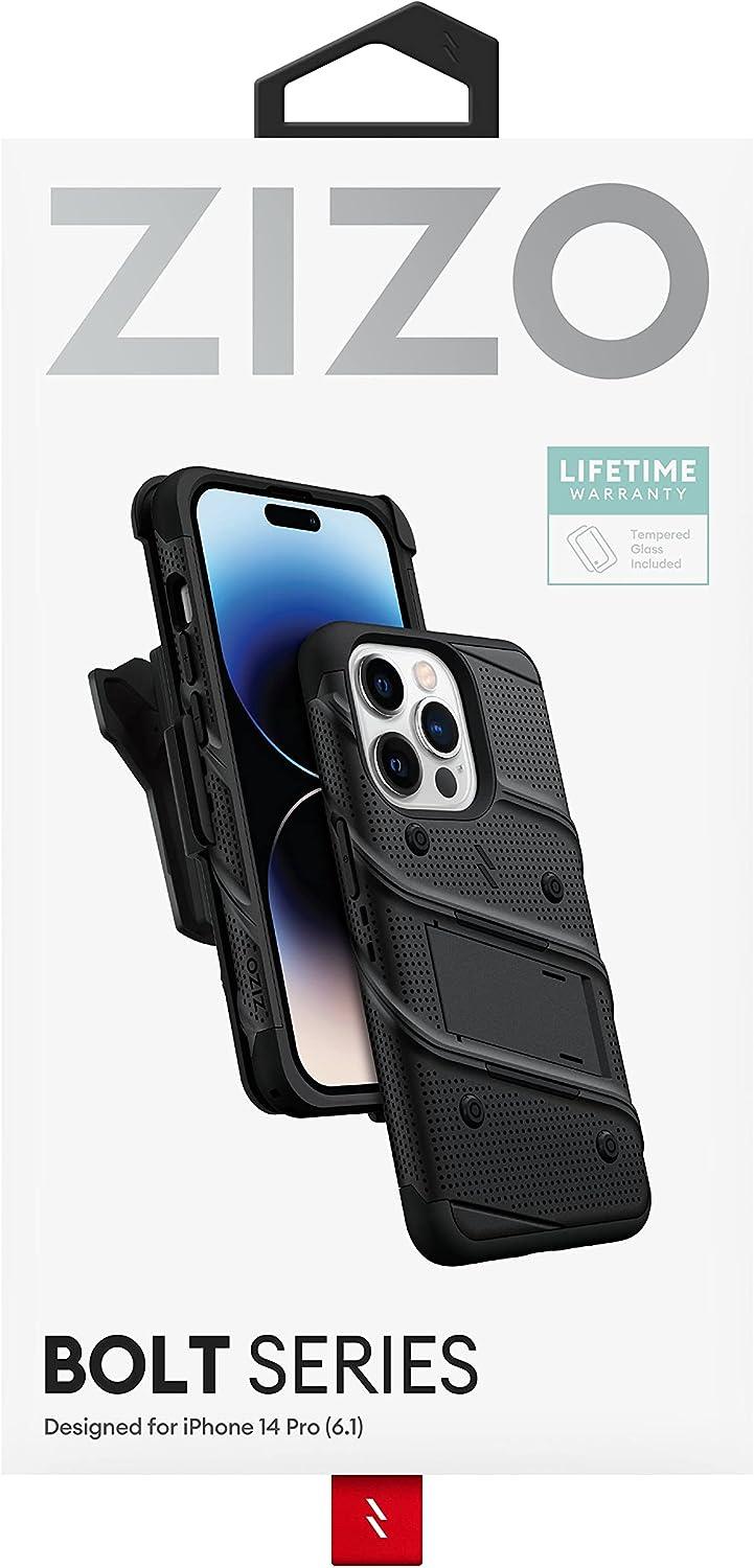 ZIZO Bolt Bundle for iPhone 14 Pro (6.1) Case with Screen Protector Kickstand Holster Lanyard - Black - AG Deals