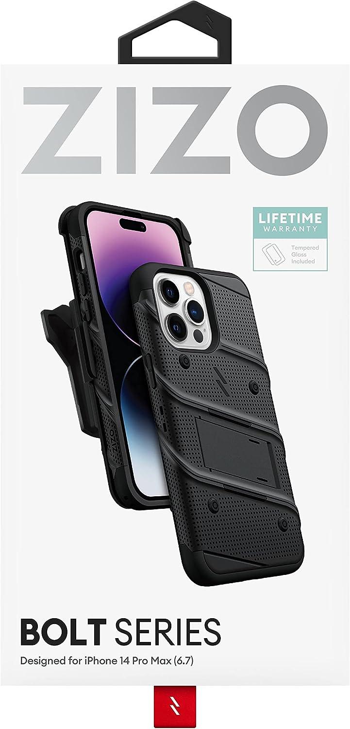 ZIZO Bolt Bundle for iPhone 14 Pro Max (6.7) Case with Screen Protector Kickstand Holster Lanyard - Black - AG Deals