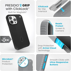 Speck iPhone 15 Pro Max Case - ClickLock No-Slip Interlock, Built for MagSafe, Drop Protection Grip - Scratch Resistant, Soft Touch, 6.7 Inch Phone Case - Presidio2 Grip Black/Slate Grey/White