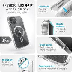 Speck iPhone 15 Case - ClickLock No-Slip Interlock, Built for MagSafe, Drop Protection Grip - for iPhone 15, iPhone 14, iPhone 13-6.1 Inch Phone Case - Presidio Lux Grip Clear/Platinum Glitter